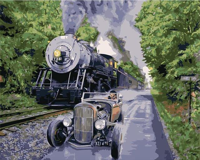 paint by numbers kit Race between car and train