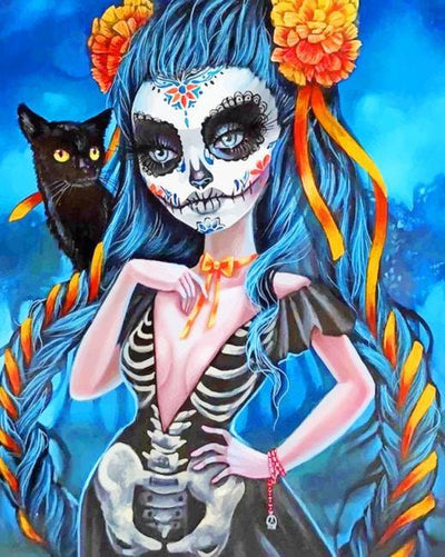 paint by numbers kit Sugar Skull Woman With A Black Cat - Custom paint by number